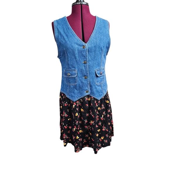 1990's Vinage Denim Vest Floral Dress - Picture 1 of 12